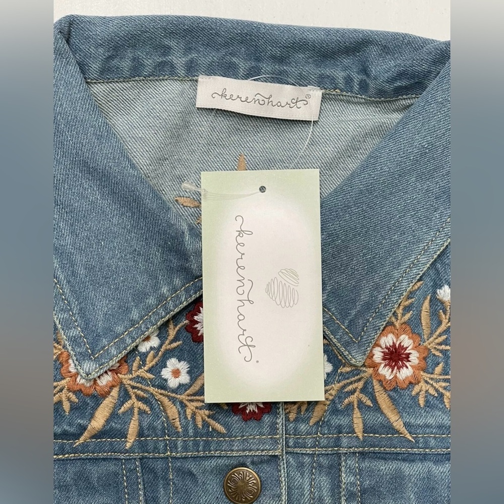 Keren Hart Women’s Blue Floral Embroidery Long Sleeve Button Up Denim Jacket s M - Picture 7 of 12